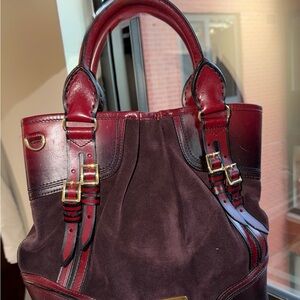 Burberry Burgundy Leather and Suede Tote
